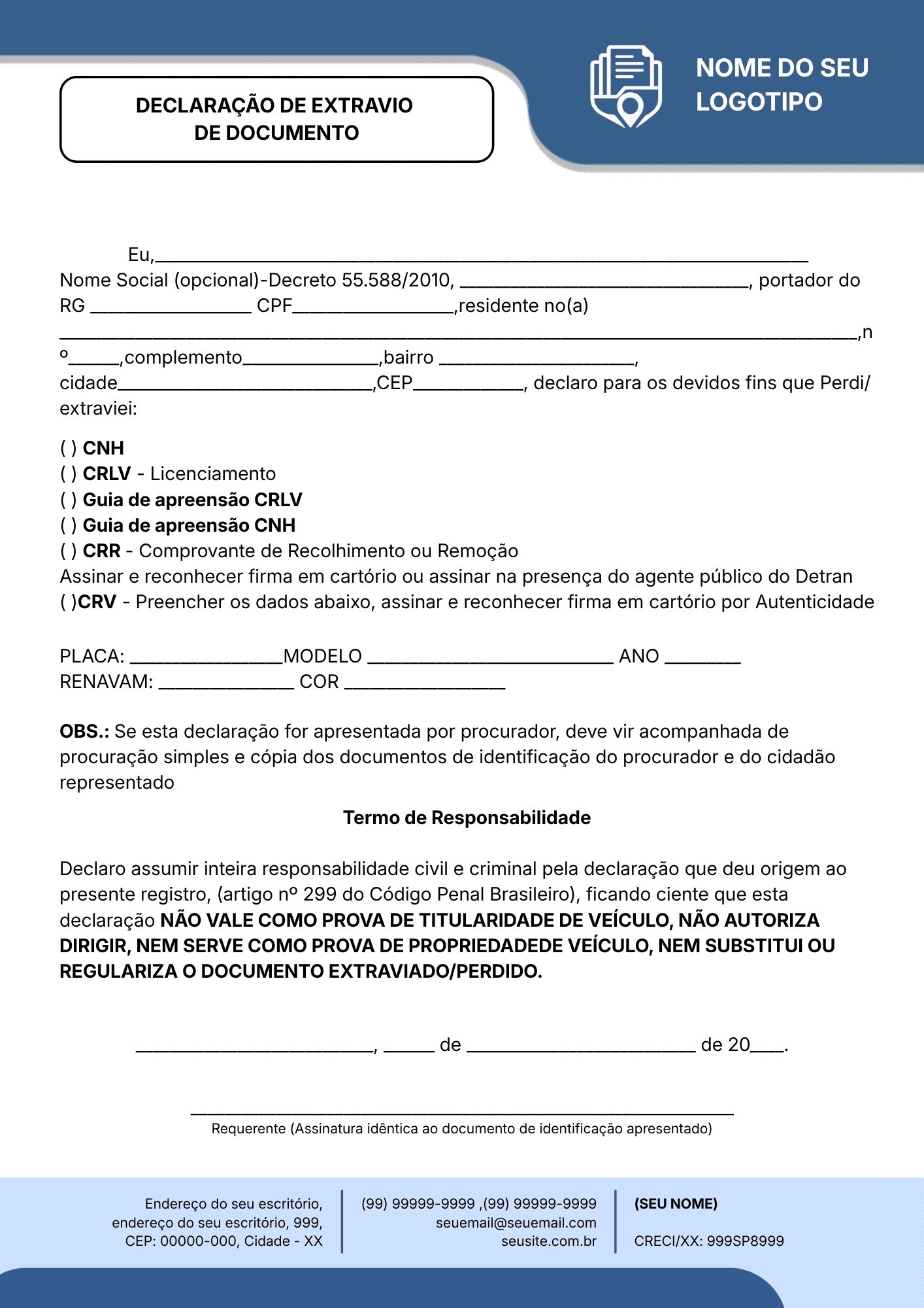 DECLARAÇÃO DE EXTRAVIO DE DOCUMENTO