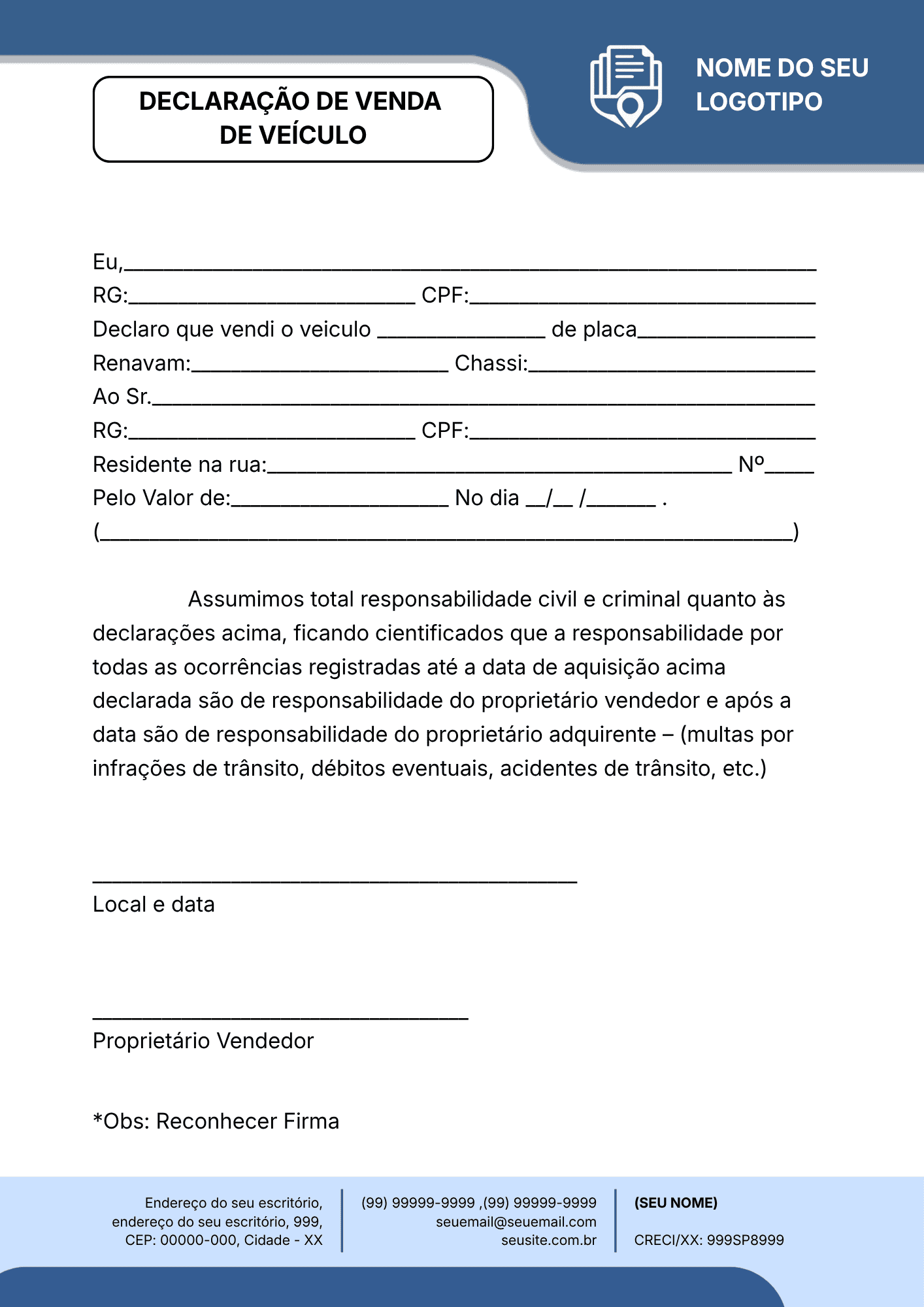DECLARAÇÃO DE VENDA DE VEÍCULO