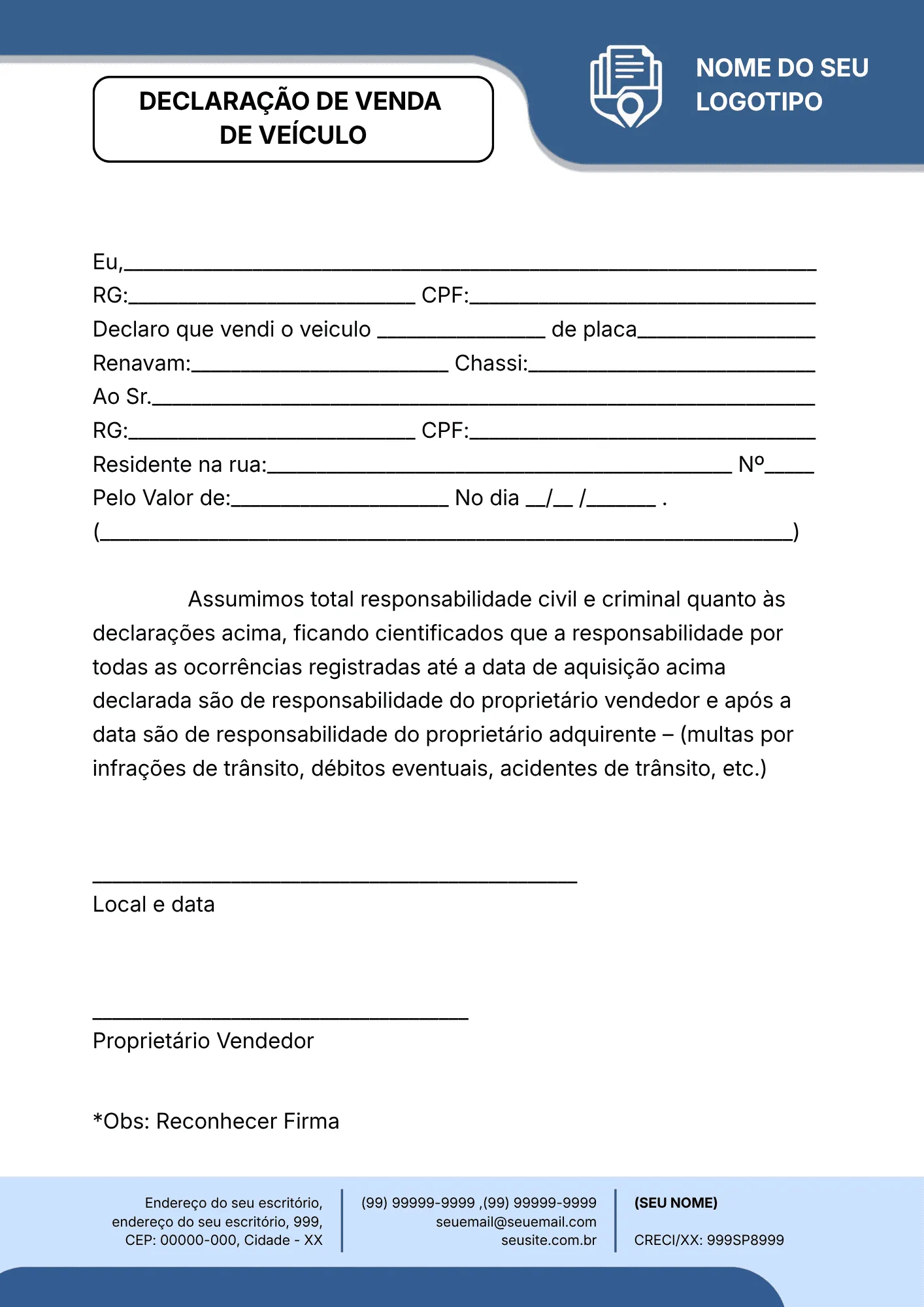 DECLARAÇÃO DE VENDA DE VEÍCULO